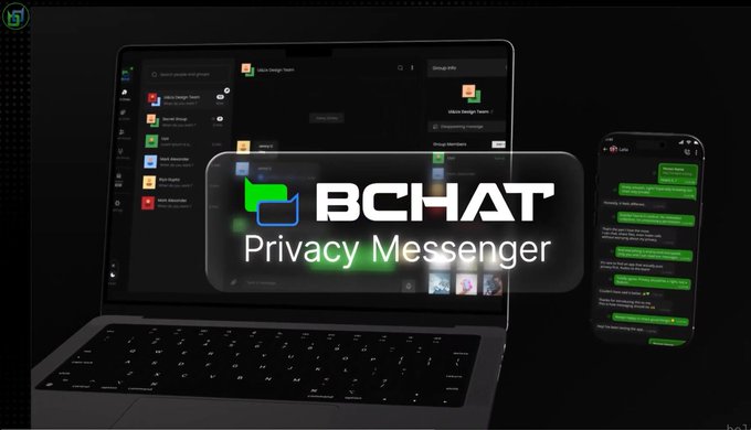 A promotional graphic for 'BCHAT Privacy Messenger' displayed across a laptop and smartphone screen in a dark setting.