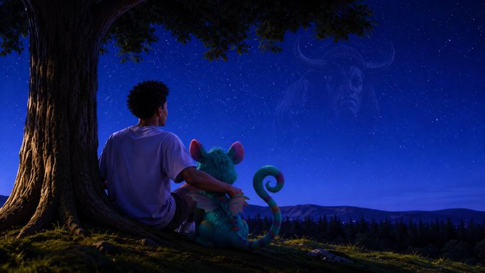 A digital illustration of a young person sitting under a large tree at night with a small green dragon-like creature, looking at a constellation shaped like a buffalo's head in the starry sky.