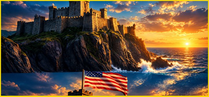 A vibrant composite image showing a medieval stone castle perched on a rocky cliffside by the ocean at sunset, with a United States flag overlaid at the bottom.