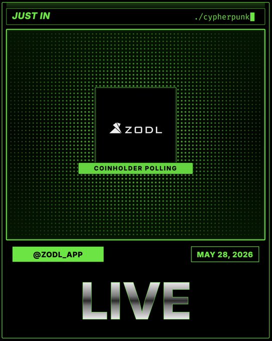 The image shows a poster for a live event related to cryptocurrency. The poster features a green background with white dots and lines, creating an abstract design. In the center of the poster, there's a logo for Zodl App, which is a social media platform that ships shielded coinholder polling into its wallet. The text on the poster reads "Just in: @zodl_app ships shielded coinholder polling into its wallet." This indicates that the event is related to cryptocurrency and might be an online gathering or discussion about it.