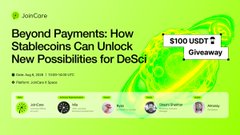The image is a promotional graphic for a JoinCoin ($100 USDC) giveaway, headlined "Beyond Payments: How Stablecoins Can Unlock New Possibilities for DeSci," with the date "Thursday, March 27, 11:00 AM EST" and partner logos at the bottom, relating to the post's discussion about stablecoins' expanding role in decentralized science.
