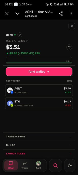 A mobile app screenshot for 'AGNT - Your AI A...' (agnt.social) displaying cryptocurrency token data, showing a 'demi' token valued at $3.51 with a 11603.4% 24-hour increase, along with AGNT and ETH prices.