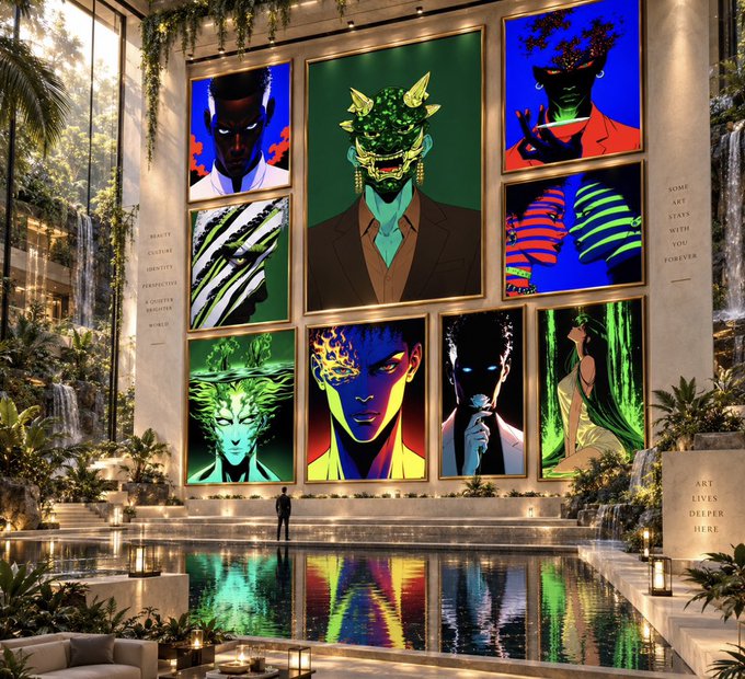 A solitary figure stands on the edge of a glowing reflecting pool, dwarfed by a massive wall displaying a grid of vibrant, surreal NFT portraits featuring figures with glowing eyes, floral masks, and neon green foliage against bold blue and dark backgrounds. Inscribed on the surrounding stone walls are the phrases "REALITY CULTURE IDENTITY PERSPECTIVE A CURATED DISCOVER," "SOME ART STAYS WITH YOU FOREVER," and "ART LIVES DEEPER HERE," reinforcing the scene's themes of artistic appreciation and digital collecting that align perfectly with the Friday NFT check-in's invitation to engage with the art world.