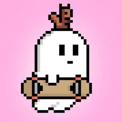 A pixel art illustration of a white ghost-like character with a brown flower on its head, holding a wooden sign against a pink background.