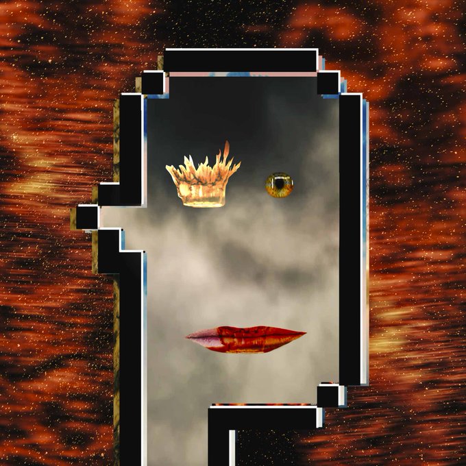 A digital artwork depicts a fiery crown and a golden ring floating above a red shape, framed within a dark geometric border against a fiery, streaked background.