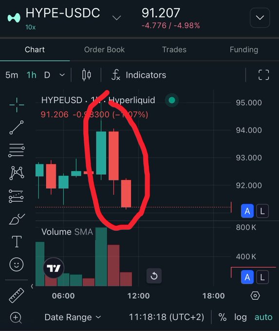 A trading chart for HYPE-USDC perpetual contract shows a sharp -4.98% drop from 91.207, with the circled red candles highlighting a steep decline from the ~95 range. This visualizes the volatile "POV: binance listing in 2026" scenario, capturing the intense selling pressure and price collapse typical following a major exchange listing announcement.
