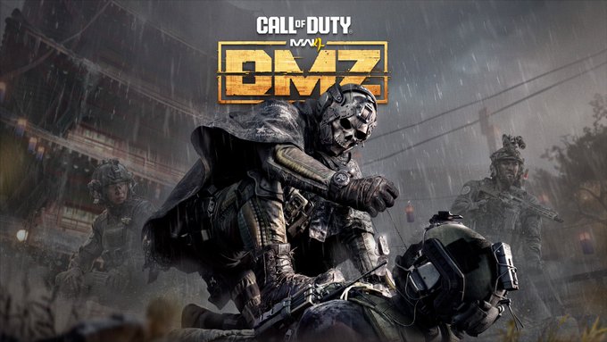 Promotional artwork for "Call of Duty: MWII DMZ," featuring heavily armed soldiers in tactical gear advancing through a rainy, war-torn environment. The image ties into the post announcing the early launch of the DMZ extraction mode on October 20th, building hype with its gritty, combat-ready aesthetic.