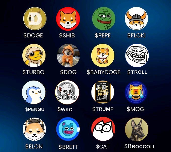 A grid of 16 meme coin logos with tickers including $DOGE, $SHIB, $PEPE, $FLOKI, $TURBO, $DOG, $BABYDOGE, $TROLL, $PENGU, $WKC, $TRUMP, $MOG, $ELON, $BRETT, $CAT, and $BROCCOLI.