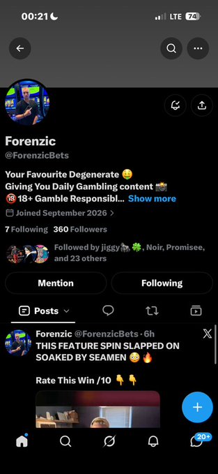 A screenshot of a Twitter/X profile for 'Forenzic' (@ForenzicBets), a gambling content account with 360 followers, displaying a tweet about a 'SOAKED BY SEAMEN' feature spin.