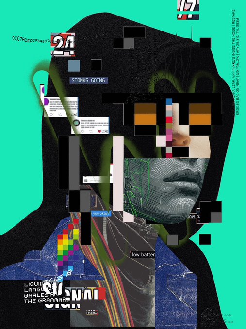 Glitch-style digital art collage with a green background featuring a hooded figure whose face is obscured by pixelated blocks, incorporating text fragments like 'STONKS GOING', 'low batter', and 'THE GRAMMAR'.