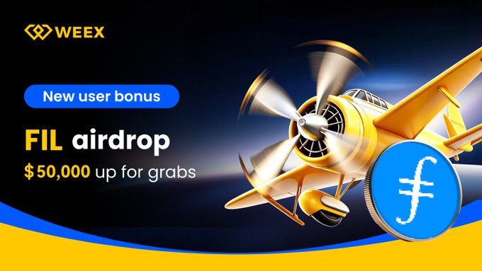 Advertisement for WEEX exchange featuring a yellow propeller airplane and a coin, with the text "New user bonus FIL airdrop $50,000 up for grabs."