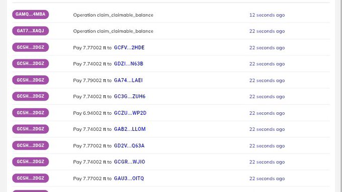 A blockchain transaction log displays multiple "Pay" operations from the address GCSH...2DGZ sending approximately 7.77 Pi each to various recipients (GA7M, GCFV, GDZI, GA74, GC3G, GC2U, GAB2, GD2V, GCGR, GAU3), alongside "Operation claim_claimable_balance" entries from GAMQ and GAT7 addresses, with all transactions occurring 12-22 seconds ago. The image visually confirms the Pi blockchain's restoration, as the post suggests, by showing active transaction processing following the 10+ hour network outage.