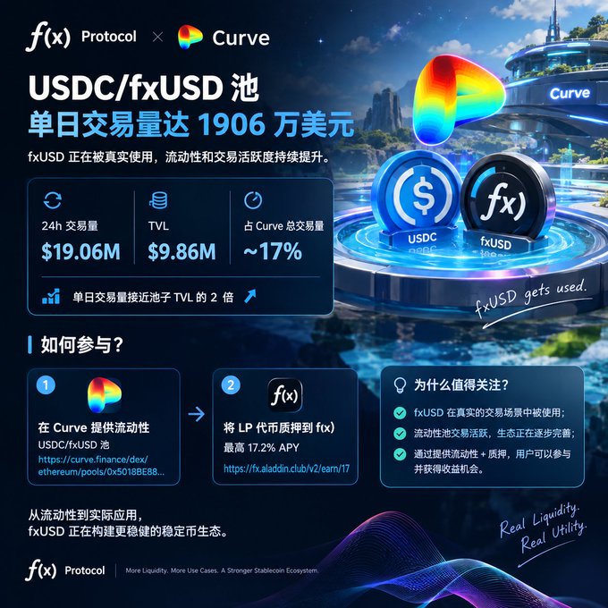 A promotional graphic for the f(x) Protocol × Curve partnership highlights the USDC/fxUSD pool's $19.06M single-day trading volume against its $9.86M TVL, illustrating nearly 2x turnover and ~17% of Curve's total daily volume, with steps shown for users to provide liquidity on Curve or stake LP tokens for up to 17.2% APY.