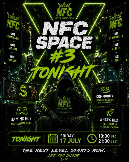 A promotional poster for 'NFC SPACE #3 TONIGHT' event on Friday, 17 July at 19:00 UTC / 21:00 CEST, featuring a hooded figure with NFT-themed graphics and slogans like 'NEVER FORGET CASH' and 'ONE COMMUNITY, ONE VISION, ONE FUTURE.'