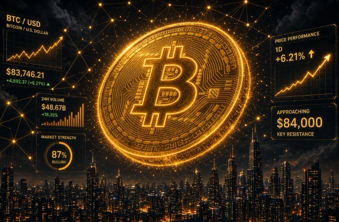A stylized Bitcoin financial graphic showing BTC/USD at $83,746.21 with +6.21% price performance, 24h volume of $48.67B, 87% bullish market strength, and approaching the $84,000 key resistance level.