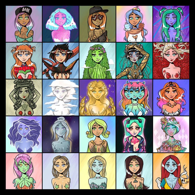 A 5x5 grid showcasing 25 diverse, stylized female character portraits with vibrant colors and varied designs—including figures with animal ears, flowers, and fantasy elements. The word "BABE" appears on a black beanie worn by the top-left character, complementing the artistic NFT collection highlighted in the post.