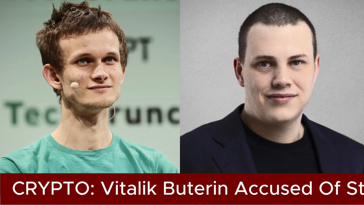 The image features two men, one wearing a green shirt and the other wearing a black suit, both standing against a gray background. The caption below the image reads "Cypto: Vitalik Buterin Accused Of Steering Ethereum Off Course Cyber Capital CIO Justin Bons says Ethereum $ETH is suffering from a fatal combination of centralization and dysfunction."