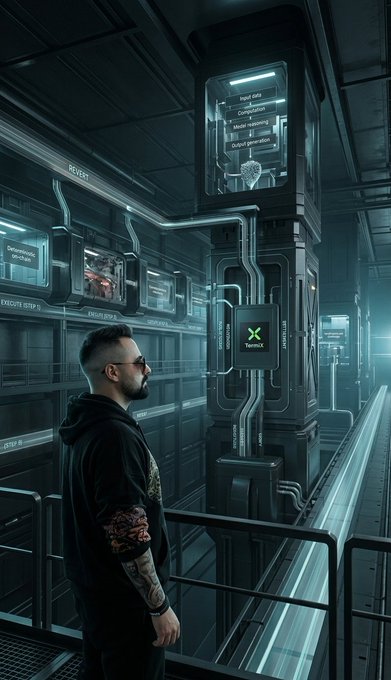 A man with a beard and tattooed arm stands in a futuristic, cyberpunk-style industrial environment with neon lights and screens.