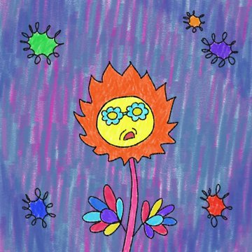 A colorful child's drawing of a sun-like flower with a face wearing blue glasses, surrounded by small virus-like shapes on a purple and blue striped background.