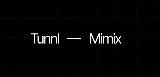 A black image with white text reading "Tunnl → Mimix" displayed in the center, illustrating the platform transition mentioned in the post, where Tunnl is shifting to its new name Mimix for creator campaigns.