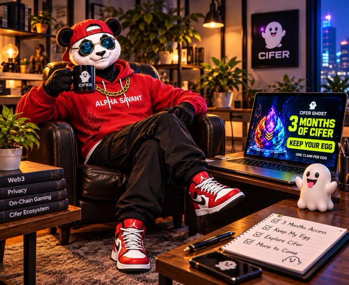 An anthropomorphic panda character wearing a red 'ALPHA SAVANT' hoodie, sunglasses, and red sneakers sits in a leather chair with a laptop displaying 'CIFER GHOST 3 MONTHS OF CIFER KEEP YOUR EGG', surrounded by a checklist and tech accessories.