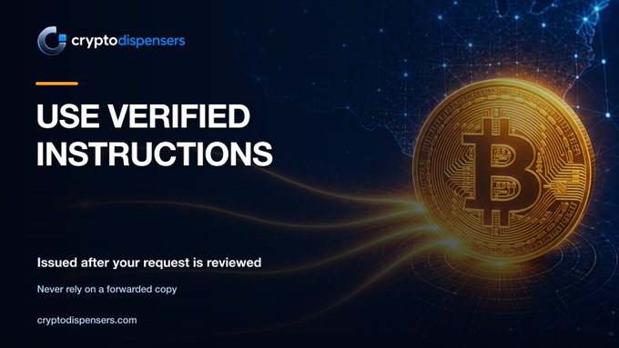A promotional graphic for "cryptodispensers" with the heading "USE VERIFIED INSTRUCTIONS," showing a large golden Bitcoin coin against a dark, network-patterned background.