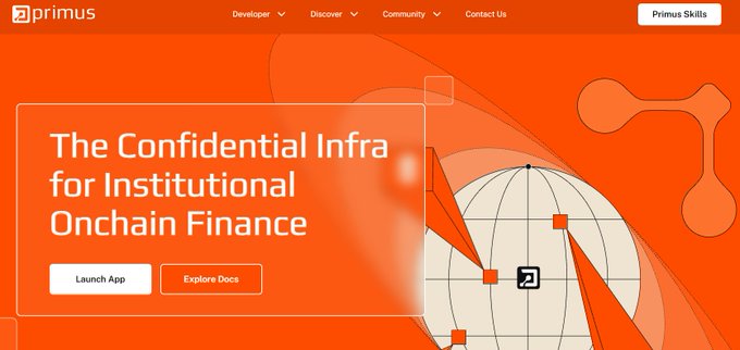 The Primus homepage with an orange background, headlined 'The Confidential Infra for Institutional Onchain Finance,' with 'Launch App' and 'Explore Docs' buttons.