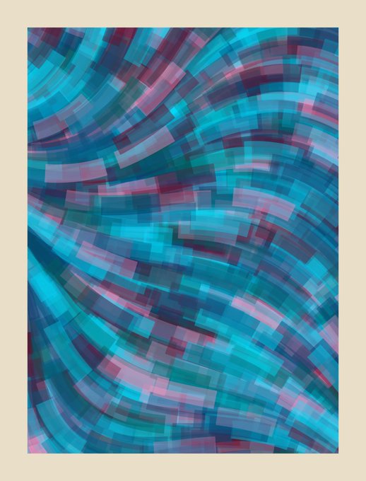 An abstract digital artwork featuring curved, pixelated bands of blue, teal, and pink colors creating a swirling, mosaic-like pattern on a beige background.