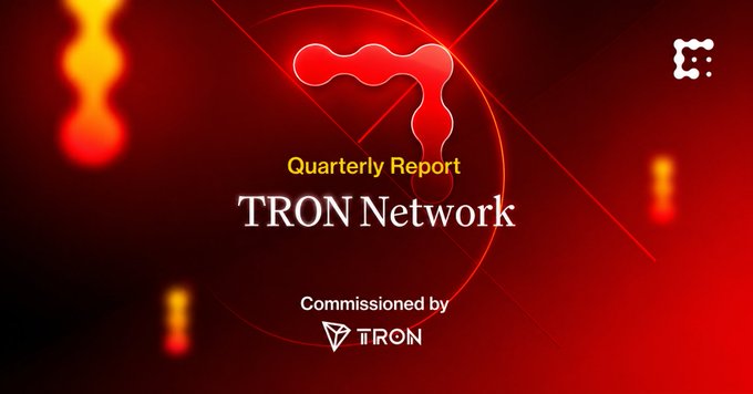 Red-themed graphic titled 'Quarterly Report TRON Network' commissioned by TRON, featuring the stylized TRON logo.