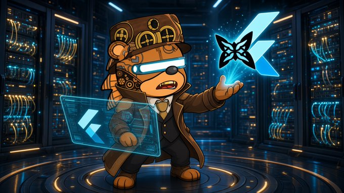 A cartoon illustration of a steampunk-style monkey character wearing a top hat and goggles, holding a holographic XRP/Florin blockchain logo in one hand and a tablet in the other, set in a server room.