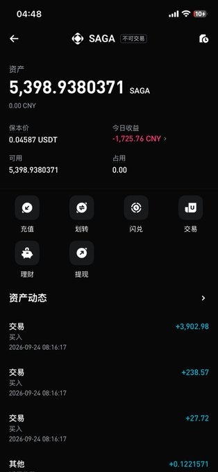 A smartphone screenshot of the SAGA crypto wallet app showing a balance of 5,398.9380371 SAGA, with a daily earnings loss of -1,725.76 CNY, dated 2024-09-24.