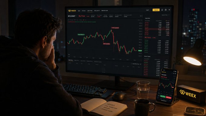 A trader sits in a dimly lit room, watching the WEEX platform as the BTCUSDT chart on his monitor (showing 18,719.6) spikes sharply with "New Position" markers before crashing, while his phone displays a similar downward trend—mirroring how his simultaneously held long and short positions were swept through by sudden volatility, triggering order after order.