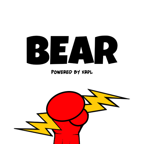 A cartoon red bear is thrust upward by yellow lightning bolts beneath the bold black text "BEAR" and the tagline "POWERED BY XRPL," visually representing the $BEAR token's branding as an XRP Ledger-powered project.