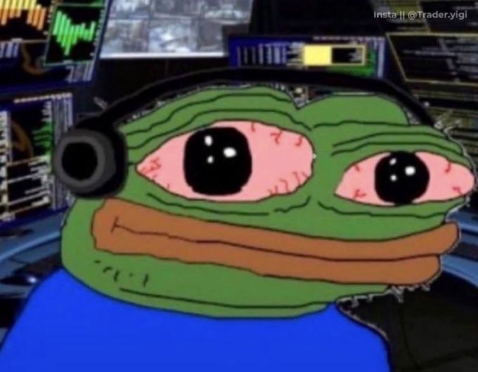 Meme image of a crying Pepe the Frog wearing headphones in front of trading screens, watermarked 'insta || @Trader.yigl' and '@W_S_BITCOIN'.