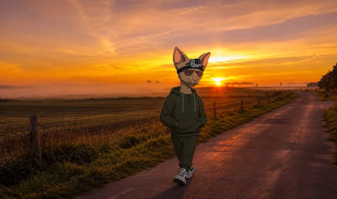 An anthropomorphic chihuahua character wearing sunglasses and a green tracksuit walks along a road at sunset.