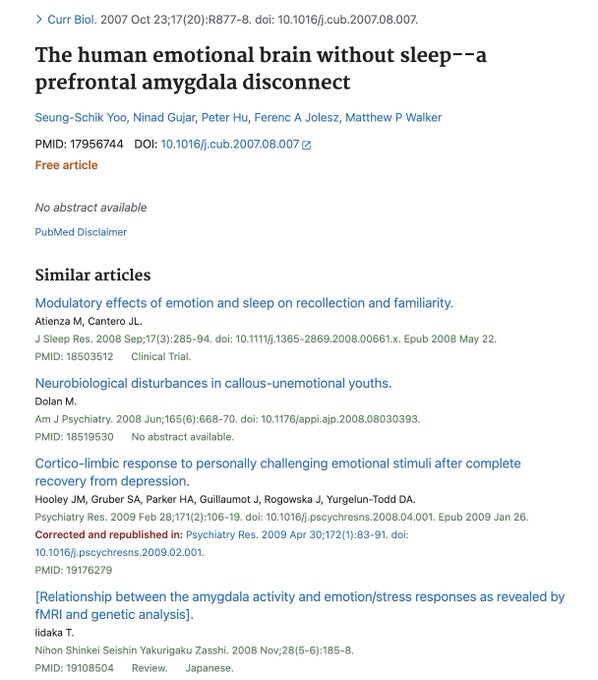 The image shows a PubMed entry for a 2007 Current Biology research paper titled "The human emotional brain without sleep—a prefrontal amygdala disconnect" by Seung-Schik Yoo, Ninad Gujar, Peter Hu, Ferenc A Jolesz, and Matthew P Walker. The post references this study to support the claim that poor sleep worsens emotional decision-making, amplifying traders' natural tendency to feel losses more painfully than gains.