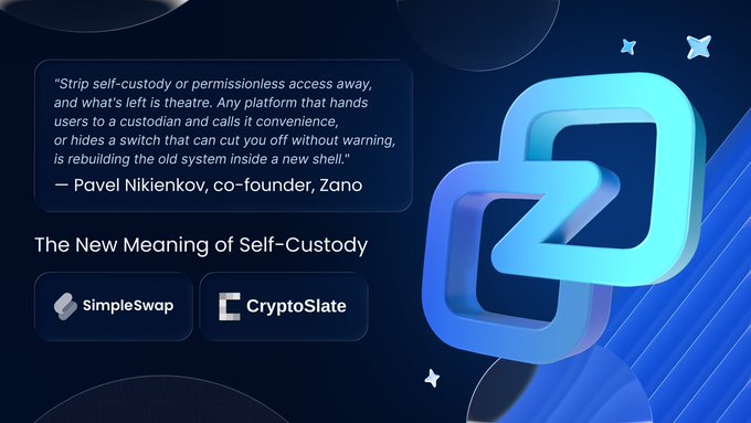 The image features a blue square with two lines through it, which are connected by a line segment. The background of the image is black, and there's text that reads "Zano" at the top right corner and "Strip self-custody or permissionless access away".