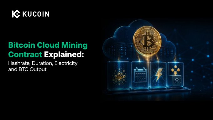 The image is a KuCoin promotional banner titled "Bitcoin Cloud Mining Contract Explained: Hashrate, Duration, Electricity and BTC Output," featuring a golden Bitcoin coin surrounded by cloud and server graphics with icons representing mining elements like energy, calendar, and crypto outputs.

The image does not directly relate to the accompanying post about Ethereum ETFs and institutional capital flows, as the banner focuses on Bitcoin cloud mining contracts rather than Ethereum ETF inflows or smart contract infrastructure.