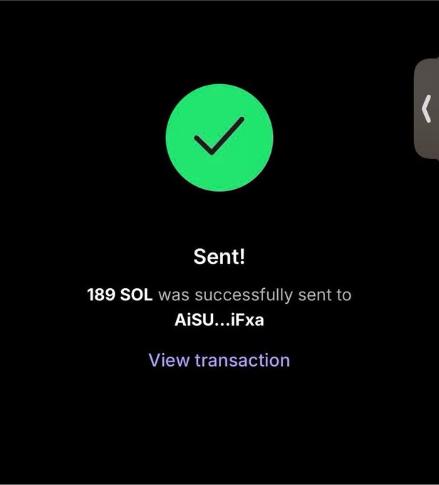 Mobile app confirmation screen with a green checkmark showing "Sent! 189 SOL was successfully sent to AiSU...iFxa" with a "View transaction" link.