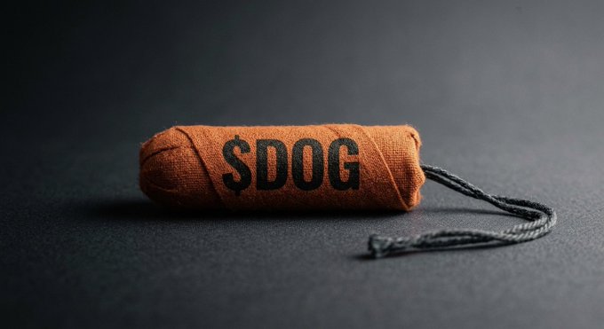 A rolled-up orange fabric item, possibly a dog toy or bag, labeled '$DOG' with a black cord attached, resting on a dark surface.