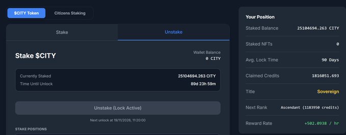 A screenshot of a $CITY Token staking interface showing 2,510,468,694.263 CITY currently staked, a 90-day lock active, and a reward rate of +502.0938/hr, with the title 'Sovereign'.