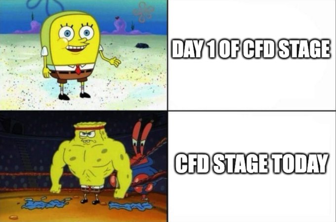 A two-panel SpongeBob meme comparing a normal SpongeBob on 'DAY 1 OF CFD STAGE' to a buff SpongeBob in a fighting ring on 'CFD STAGE TODAY'.