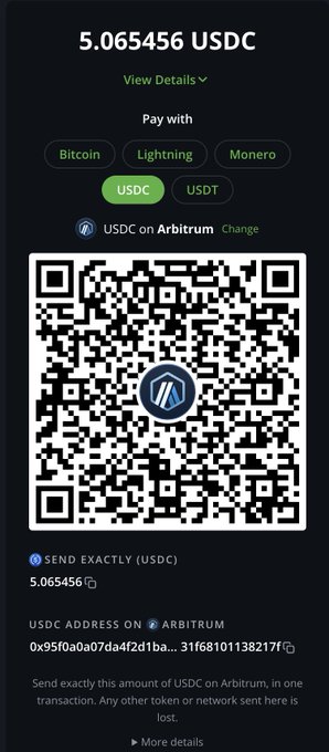 A cryptocurrency payment screen displays a QR code for sending exactly 5.065456 USDC on the Arbitrum network, with options to pay with Bitcoin, Lightning, Monero, USDC, or USDT.