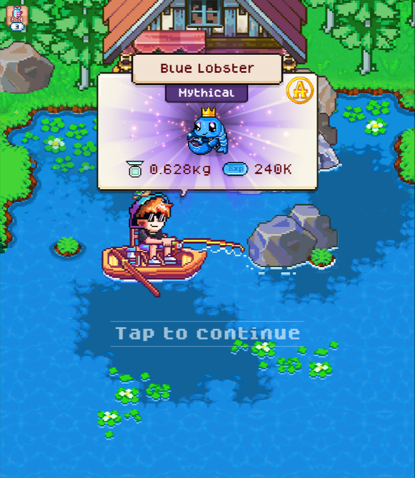 The image shows a cartoon character, possibly a boy or girl, sitting inside a boat on a body of water with rocks nearby. They are fishing for a mythical creature, which appears to be a lobster. The caption reads "@FishingFrenzyCo @Ronin_Network Mythical Blue Lobster Grade A 240K EXP The grind was worth it." This suggests that the character has successfully caught the mythical lobster and is excited about their achievement.