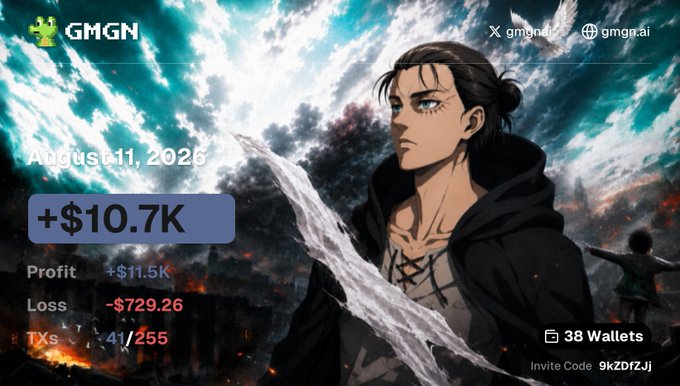A GMGN dashboard screenshot showing a +$10.7K gain dated August 11, 2026, featuring an anime-style character with white feathered wings against a dramatic sky backdrop, with trading stats including $11.5K profit, $729.26 loss, 41/255 TXs, and 38 wallets, invite code 9kZDfZJj.