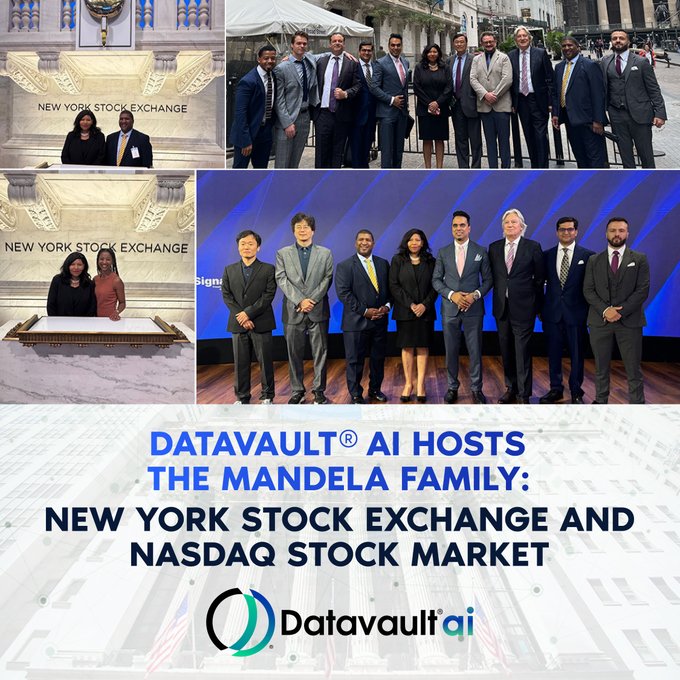 A promotional collage for Datavault AI hosting the Mandela Family at the New York Stock Exchange and NASDAQ, featuring photos of people at the NYSE podium and a group photo at a NASDAQ event, with the Datavault AI logo at the bottom.
