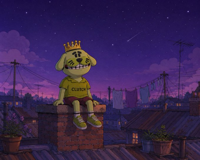 A digital illustration of a yellow dog character wearing a gold crown, a shirt labeled 'CLUTCH,' and red shorts, sitting on a brick chimney overlooking a cityscape at night with a starry purple sky.