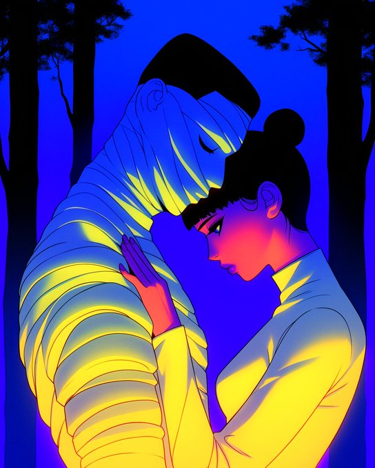 An illustrated artwork in blue and yellow tones depicts two figures in an intimate embrace, with one person wrapped in bandages.