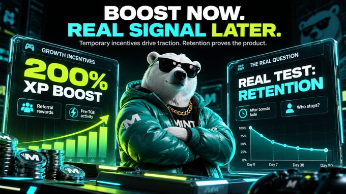 An advertisement features a cool animated bear character with the text 'BOOST NOW. REAL SIGNAL LATER.' alongside graphics showing '200% XP BOOST' and 'REAL TEST: RETENTION'.