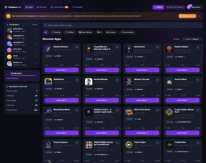 The image shows the EmblemHub platform's "Discover Apps" marketplace, displaying a grid of 20 gaming and utility apps with "Launch App" buttons, alongside a sidebar showing marketplace statistics including "Total apps 20," "Total builders 21," "Total users 49," and "Total launches 336." This visual aligns with the post's message by showcasing the variety of onchain applications being built and launched on the platform, illustrating the growing ecosystem powered by $EMBLEM.
